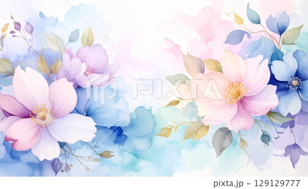 Elegant watercolor floral background in soft pastel tones with blooming pink, blue, and purple flowers. Perfect for wedding invitations, greeting cards, romantic themed designs Elegant watercolor floral background in soft pastel tones with blooming pink, blue, and purple flowers. Perfect for wedding invitations, greeting cards, romantic themed designs 129129777