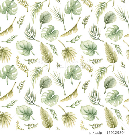 Tropical Monstera Palm Leaves Exotic green plants Watercolor hand painted summer pastel neutral seamless pattern on white background for cute nursery wall kids baby cloth textile fabric wrapping paper 129129804