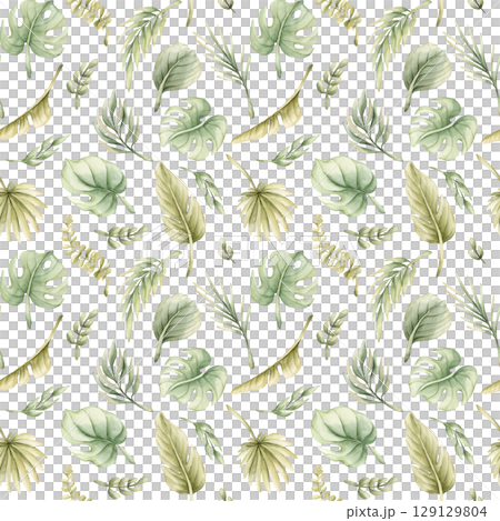 Tropical Monstera Palm Leaves Exotic green plants Watercolor hand painted summer pastel neutral seamless pattern on white background for cute nursery wall kids baby cloth textile fabric wrapping paper 129129804