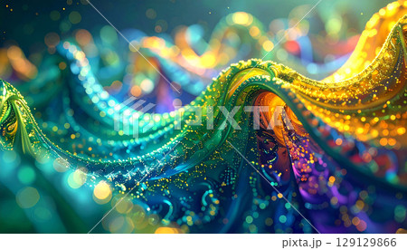abstract fractal background, A mesmerizing abstract image featuring flowing, interlocking color gradients creating a harmonious visual, sparkling bokeh effects and intricate swirling patterns 129129866