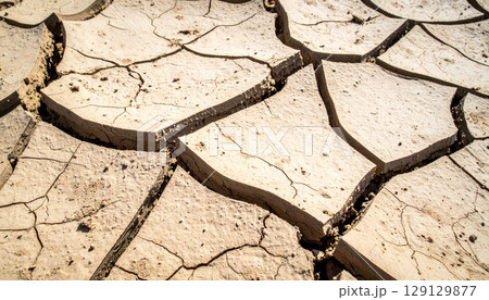 severely cracked, dry earth forming an intricate abstract pattern in an arid environment. This powerful image represents drought, environmental concerns, and resilience in harsh natural conditions 129129877