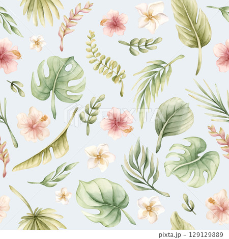 Tropical Leaves and Pink Flowers Exotic Plants Watercolor hand painted summer pastel neutral seamless pattern on blue background for cute nursery wall kids baby cloth textile fabric wrapping paper Tropical Leaves and Pink Flowers Exotic Plants Watercolor hand painted summer pastel neutral seamless pattern on blue background for cute nursery wall kids baby cloth textile fabric wrapping paper 129129889