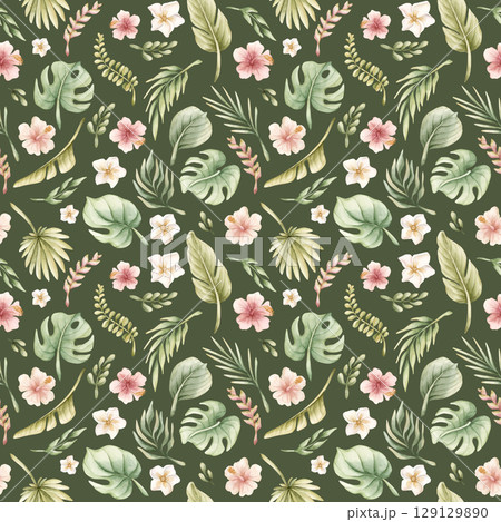 Tropical Leaves and Pink Flowers Exotic Plants Watercolor hand painted summer pastel neutral seamless pattern on green background for cute nursery wall kids baby cloth textile fabric wrapping paper Tropical Leaves and Pink Flowers Exotic Plants Watercolor hand painted summer pastel neutral seamless pattern on green background for cute nursery wall kids baby cloth textile fabric wrapping paper 129129890