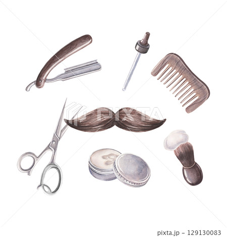 Scissors, razor, comb, pipette, wax, brush, foam, handlebar moustache in the middle. Hand-painted watercolor illustration of mustache care set isolated on white for barbershop branding, label, design 129130083