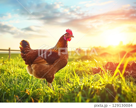 Chicken portrait in the field 129130084