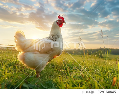 Chicken portrait in the field 129130085