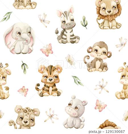 Cute Tropical Animals Butterflies Dragonfly and Leaves Watercolor hand painted summer pastel neutral seamless pattern on white background for cute nursery kids baby cloth textile fabric wrapping paper Cute Tropical Animals Butterflies Dragonfly and Leaves Watercolor hand painted summer pastel neutral seamless pattern on white background for cute nursery kids baby cloth textile fabric wrapping paper 129130087