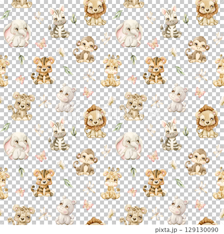 Cute Tropical Animals Butterflies Dragonfly and Leaves Watercolor hand painted summer pastel neutral seamless pattern on white background for cute nursery kids baby cloth textile fabric wrapping paper 129130090