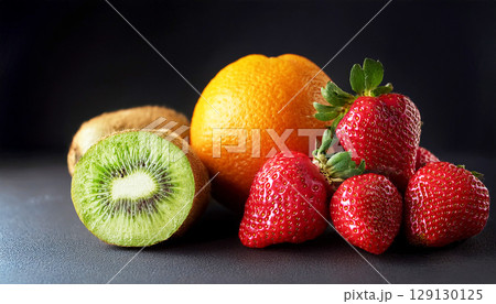 Fresh strawberries, a juicy kiwi cut in half, and a whole orange arranged on a dark background. Vibrant colors and textures create a striking contrast in this minimalistic fruit composition Fresh strawberries, a juicy kiwi cut in half, and a whole orange arranged on a dark background. Vibrant colors and textures create a striking contrast in this minimalistic fruit composition 129130125