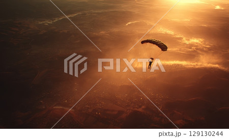 Solo Skydiver Descending Through Golden Sunset Over a Remote Landscape with Soft Clouds 129130244