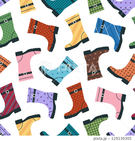 Seamless pattern with rubber boots. Colored pairs of rubber boots with different ornaments on white background. Waterproof footwear collection. Protective gumboots. Vector flat illustration Seamless pattern with rubber boots. Colored pairs of rubber boots with different ornaments on white background. Waterproof footwear collection. Protective gumboots. Vector flat illustration 129130305