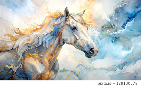 white horse with flowing mane emerges from an abstract swirl of blues and golds, evoking celestial grace and ancient strength. The fine texture and rich color create a majestic atmosphere white horse with flowing mane emerges from an abstract swirl of blues and golds, evoking celestial grace and ancient strength. The fine texture and rich color create a majestic atmosphere 129130378