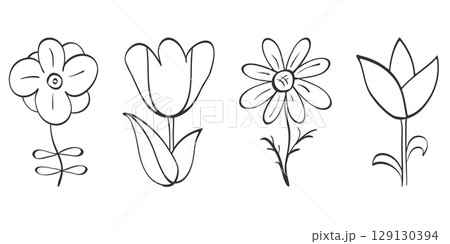 Flower leaves outline symbol set, isolated element, cute simple graphic, child-like sketch ink line, doodle hand free brush drawing, modern botanical decorative vector illustration 129130394