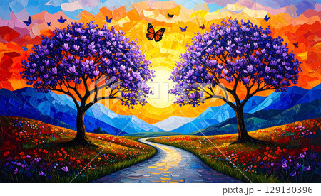 mosaic style painting depicts a vibrant landscape with two majestic purple blossomed trees framing a radiant sun over distant mountains, colorful wildflowers, creating a dreamlike, artistic, and peace mosaic style painting depicts a vibrant landscape with two majestic purple blossomed trees framing a radiant sun over distant mountains, colorful wildflowers, creating a dreamlike, artistic, and peace 129130396