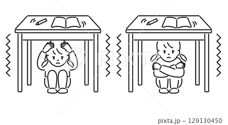 地震時に机の下に隠れる子ども（女の子）_線画 129130450