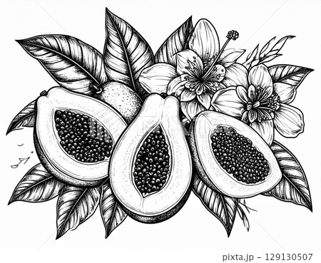 Halved Papaya with Seeds and Floral Elements in Black and White Line Art 129130507