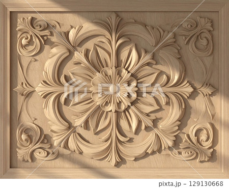 Detailed Beige Wood Carving Ornament with Floral Pattern and Intricate Details Detailed Beige Wood Carving Ornament with Floral Pattern and Intricate Details 129130668