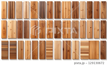 Assortment of Various Textured Wood Planks in Warm Brown Tones and Natural Grain 129130672