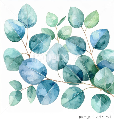 Watercolor Eucalyptus Leaves on Branch Painting in Shades of Blue and Green 129130691