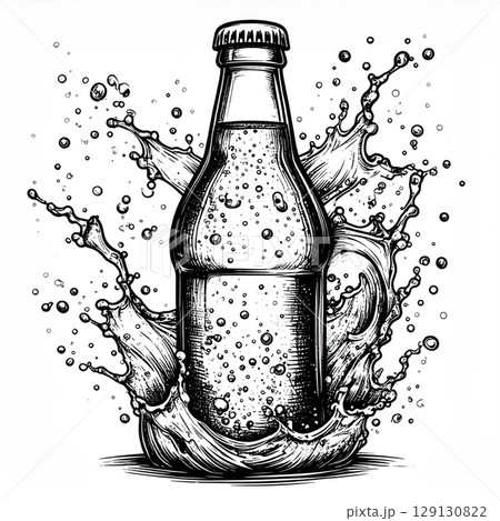 Detailed Bottle Splashing with Water Black and White Graphic Element Illustration 129130822
