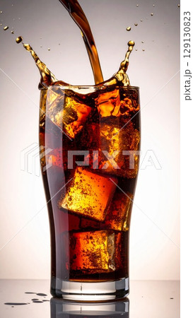Pouring Cola into Glass with Ice Cubes Creating Splash Refreshing Drink 129130823