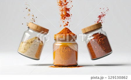 Three Glass Jars Filled with Colorful Spices on White Background in Studio 129130862
