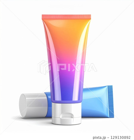 Close Up Two Gradient Tubes with White Caps for Cosmetic and Beauty Products 129130892