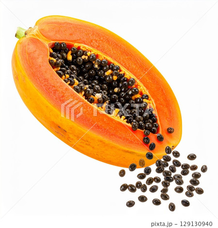 Sliced Papaya with Black Seeds and Orange Skin on White Background Close Up 129130940