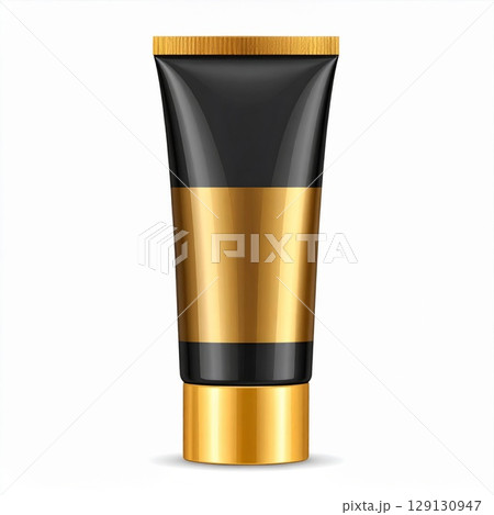 Cosmetic Product Tube in Black and Gold on White Background Packaging 129130947