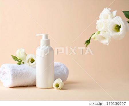 Elegant Still Life of White Cosmetic Bottle with Flowers and Towel on Beige Background 129130997