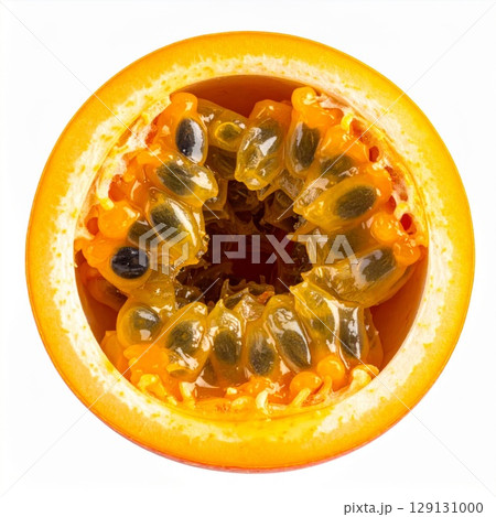 Vibrant Passionfruit Half with Seeds and Yellow Pulp on White Background 129131000