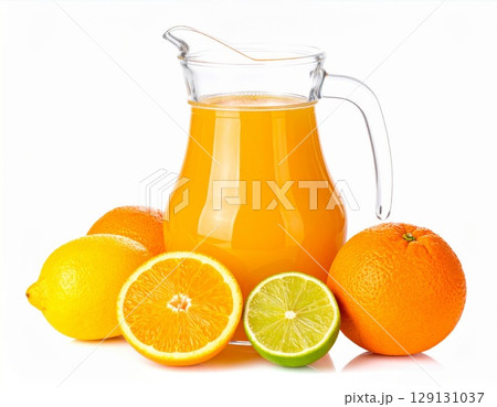 Bright Orange Juice in Glass Pitcher with Assorted Citrus Fruits on White Tabletop Bright Orange Juice in Glass Pitcher with Assorted Citrus Fruits on White Tabletop 129131037