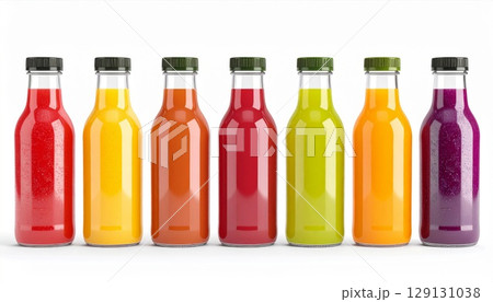 Row of Colorful Fruit Juices in Glass Bottles on a White Background in Studio 129131038