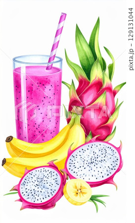Vibrant Watercolor Smoothie with Dragon Fruit and Banana Still Life Art 129131044