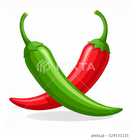 Vivid Red and Green Chili Peppers Crossed on White Background Still Life 129131115