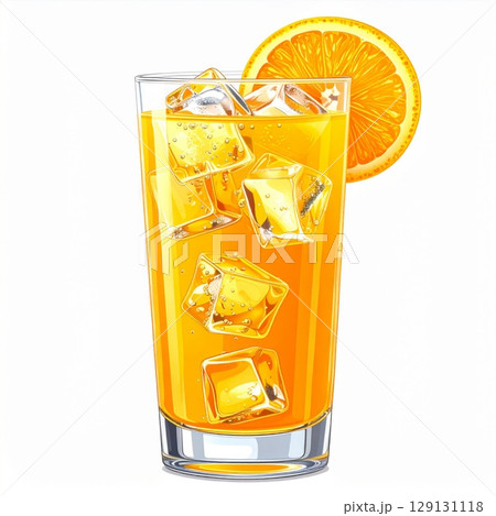 Refreshing Orange Juice with Ice Cubes and Orange Slice on White Background 129131118