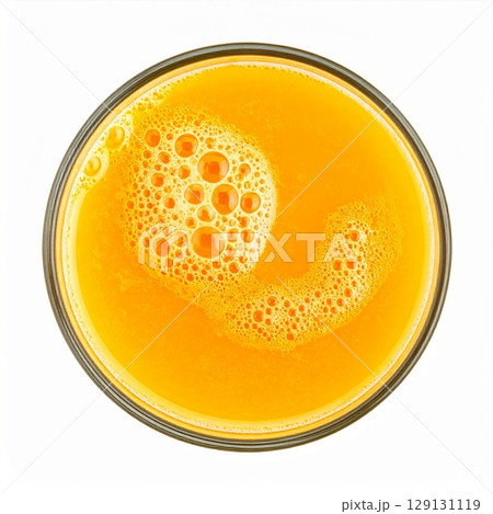 Overhead View of Vibrant Orange Juice with Bubbles in Clear Glass on White 129131119