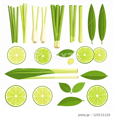 Overhead Flatlay of Fresh Green Lemongrass Stalks and Sliced Limes on White Surface 129131120