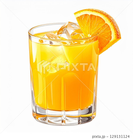 Refreshing Orange Juice with Ice Cubes and Orange Slice on White Background 129131124
