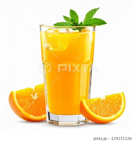 Tall Glass of Fresh Orange Juice with Mint Garnish on White Background 129131126