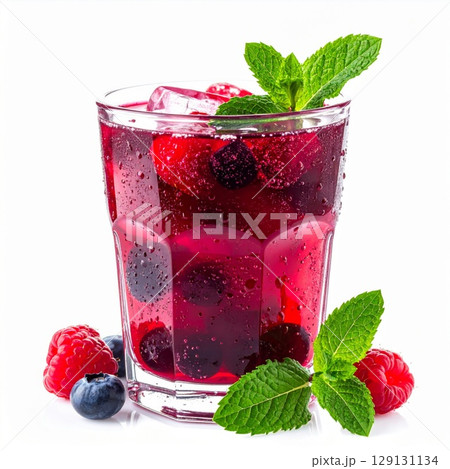 Refreshing Mixed Berry Drink with Mint and Ice Cubes on White Background Refreshing Mixed Berry Drink with Mint and Ice Cubes on White Background 129131134