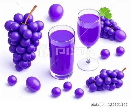 Purple Grape Juice Composition Featuring Fresh Fruits on Clean White Background 129131141