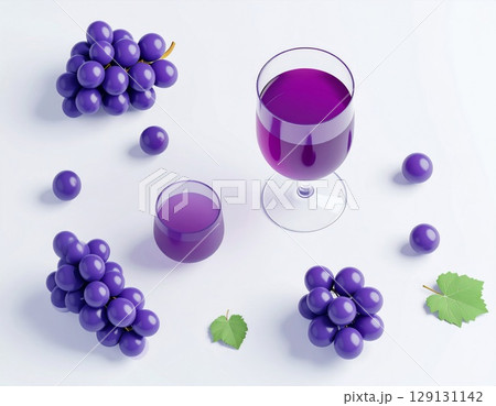 Purple Grape Juice and Fresh Fruit Still Life on White Background 129131142
