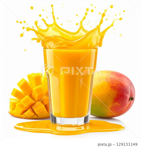 Tall Glass of Refreshing Mango Juice with Splash Mango Pieces on White Background 129131149