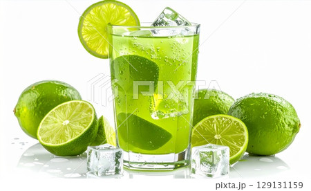 Refreshing Green Lime Drink with Ice Cubes and Lime Slices on White Background Refreshing Green Lime Drink with Ice Cubes and Lime Slices on White Background 129131159