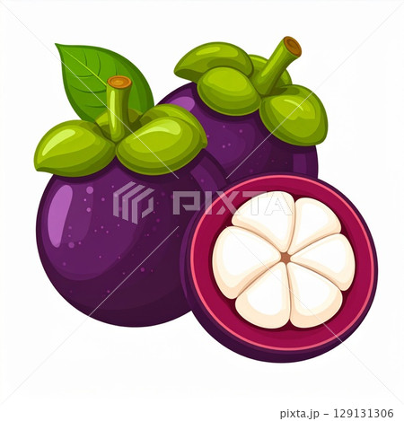 Two Purple Mangosteen Fruits and One Cross Section Isolated on White Background 129131306