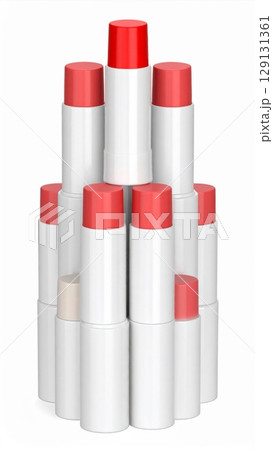 Pile of White Chapsticks with Red Caps Stacked Vertically on White Background Pile of White Chapsticks with Red Caps Stacked Vertically on White Background 129131361