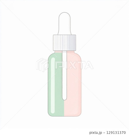 Pastel Cosmetic Bottle with Dropper and Green and Pink Split Color on White Background Pastel Cosmetic Bottle with Dropper and Green and Pink Split Color on White Background 129131370