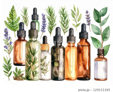 Watercolor Essential Oils Bottles with Herbs and Lavender on White Background 129131385