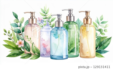 Watercolor Cosmetic Bottles with Green Leaves Spa Beauty Products On White Background Watercolor Cosmetic Bottles with Green Leaves Spa Beauty Products On White Background 129131411